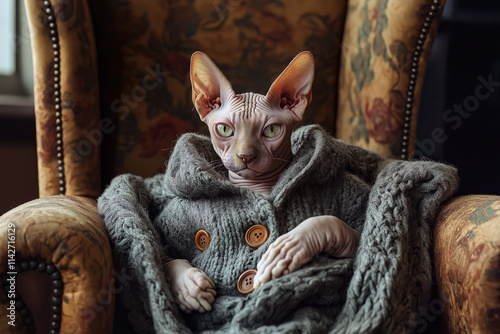 Sphynx cat wearing a knitted cardigan with buttons, lounging on a vintage armchair.