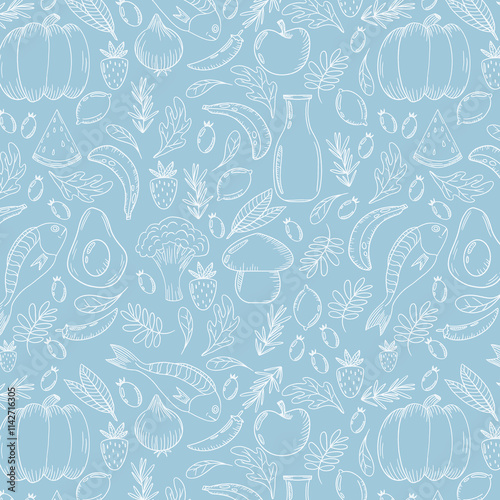 Seamless vector banner with hand drawn supermarket products illustrations. Background with doodle food sketches. Concept for grocery delivery and shopping. Cooking ingredients pattern