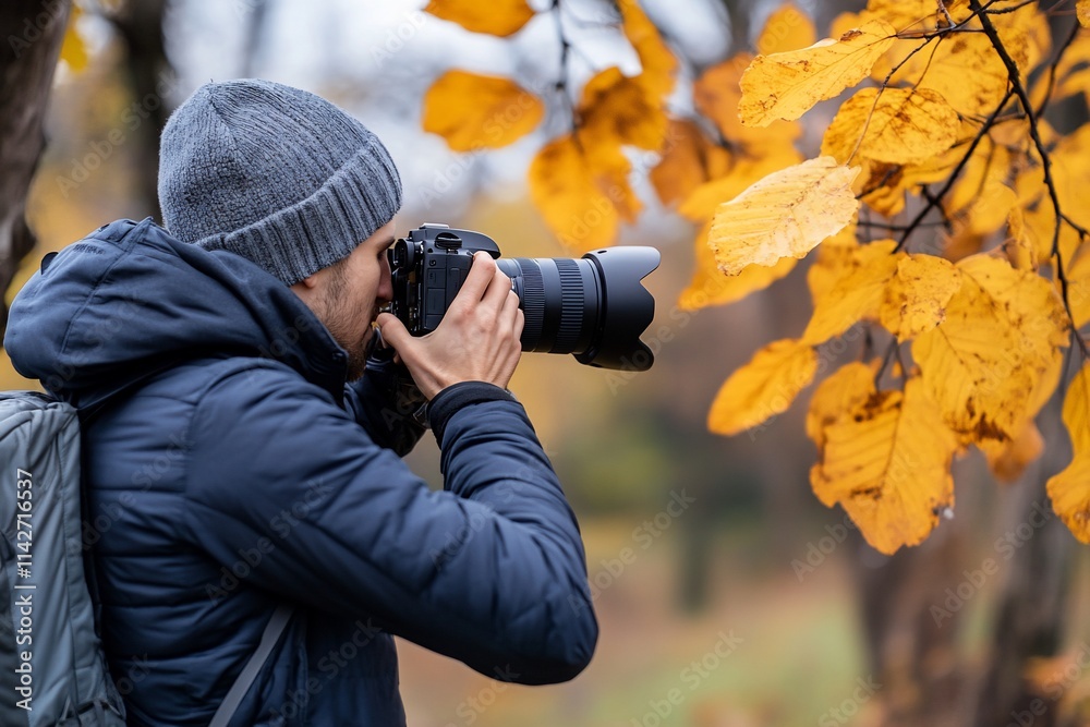A photographer captures autumn leaves in a scenic outdoor setting. A photographer captures autumn leaves in a scenic outdoor setting.