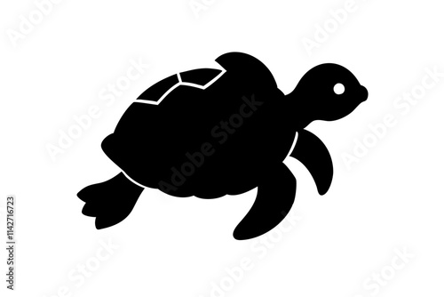 Black silhouette of a sea turtle swimming calmly with a curved body posture, ideal for wildlife, marine life, and ocean-themed projects