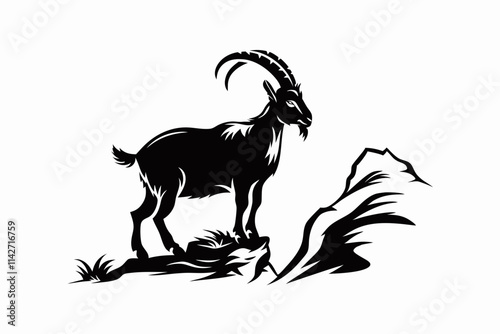 Silhouette of a wild mountain goat standing on a rocky hill, symbolizing wildlife, mountains, and nature-themed designs