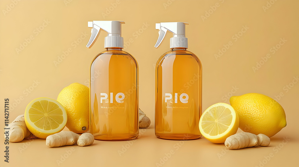 3D Render Amber Bottles with Lemons and Ginger 3D Render Amber Bottles with Lemons and Ginger