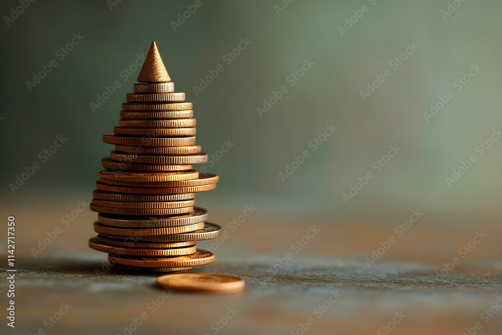 Obraz premium Stacked coins creating a pyramid shape on a textured surface