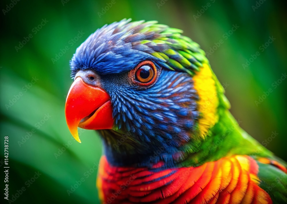 Naklejka premium Macro Exotic Parrot Photography: Close-Up Vibrant Bird Portrait, Jewel-toned Feathers, Curious Gaze