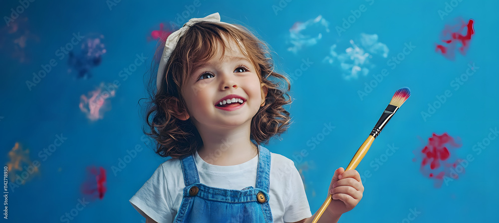 cute kid holding paint brush on blue color background, generative ai cute kid holding paint brush on blue color background, generative ai