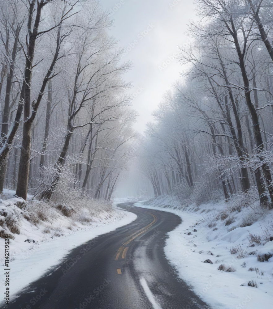 Snowy winding road through frozen wintry woods, winter wonderland, serene landscape, frost, snowy road Snowy winding road through frozen wintry woods, winter wonderland, serene landscape, frost, snowy road