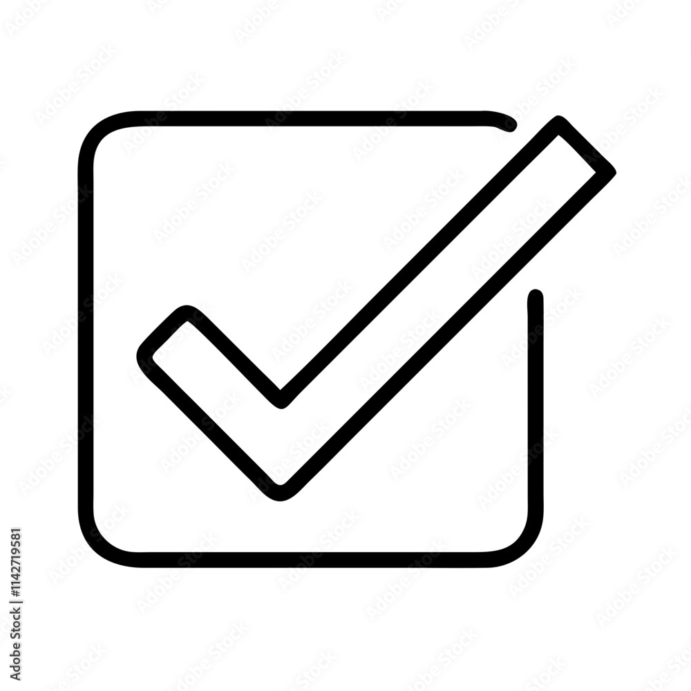 Check mark icon, minimalist design, black line art, approval symbol
