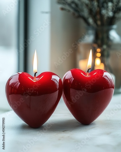 Heart-shaped red candles create a cozy atmosphere on a table near a window with a blurred background of a vase and soft lighting photo