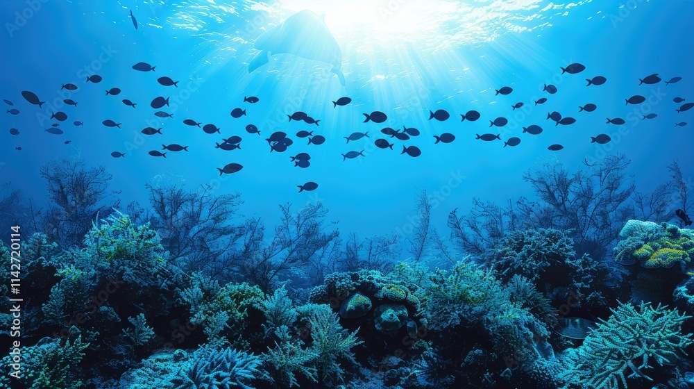 Fototapeta premium Underwater scene showcasing vibrant coral reefs and schools of fish in sunlight.