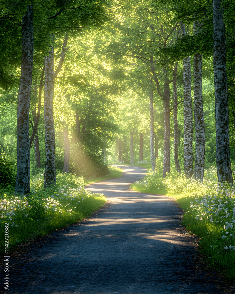 Fototapeta premium Sunlit Path Winding Through Lush Green Forest, Nature Walk, Serene Background, Ideal for Travel Brochures.