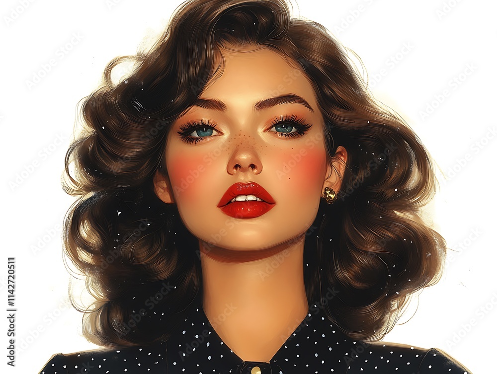 Fototapeta premium Vintage Fashion Illustration: A glamorous 1950s-style woman in a polka-dot dress, exuding elegance and retro fashion flair, white background, fashion illustration ::2 classic beauty, pin-up 