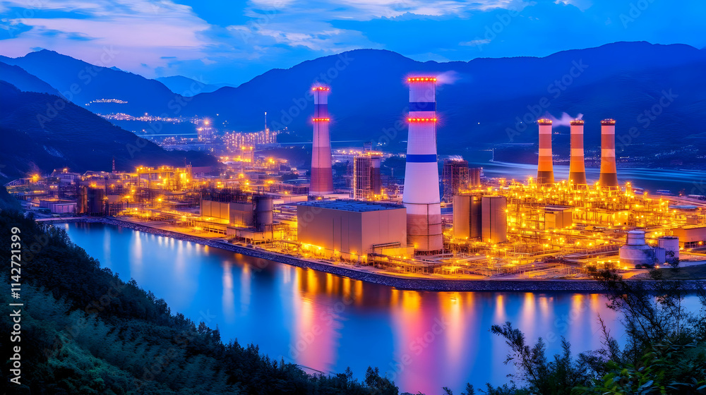 Naklejka premium Night Industrial Plant Landscape, Illuminated Power Station