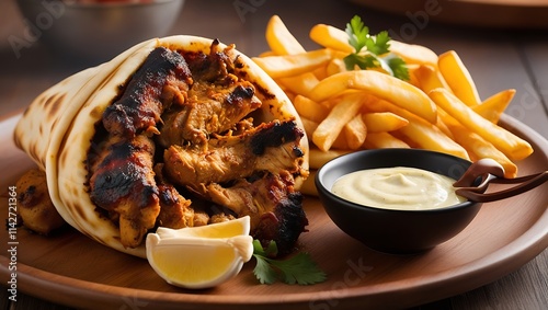 Introducing our mouthwatering chicken shawarma with crispy fries and a side of velvety garlic sauce – the perfect combination for any food lover. The chicken is expertly marinated and grilled.