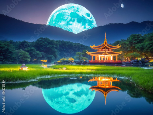 Serene Night Moonlit Pavilion Over Calm Water.