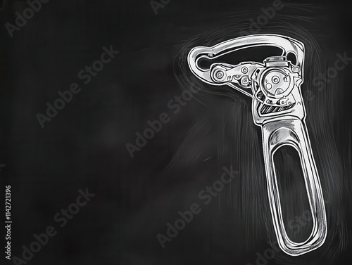 A chalkboard sketch of a can opener, bold outlines and detailed mechanism, clean and practical look photo