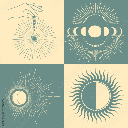 Astrological, esoteric symbols. Sun, stars, planets, moon, crescent