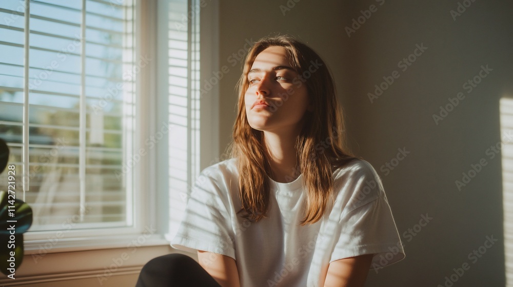 A woman enjoys sunlight by a window, creating a serene atmosphere. A woman enjoys sunlight by a window, creating a serene atmosphere.