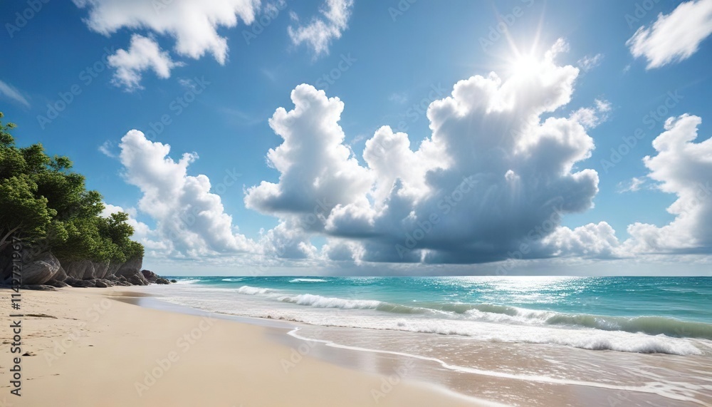 Sunny day at the beach with a bright blue sky and white fluffy clouds scattered across it, water waves, beach scenery, clean air Sunny day at the beach with a bright blue sky and white fluffy clouds scattered across it, water waves, beach scenery, clean air