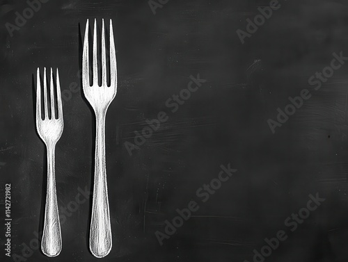 A detailed chalk drawing of a fork, bold lines emphasizing the prongs and handle, minimalist and rustic blackboard style