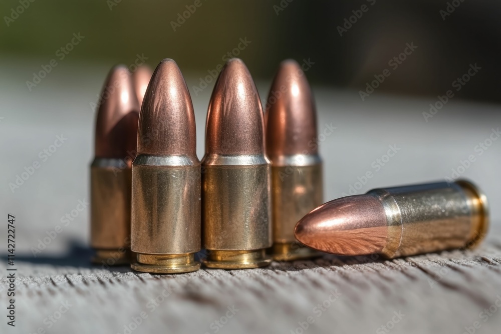 Row of 9mm pistol bullets, close view on the light background Row of 9mm pistol bullets, close view on the light background
