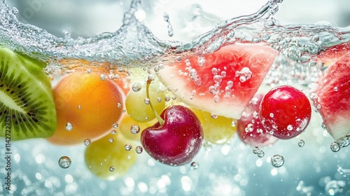 Vibrant summer fruit medley: watermelon, peach, cherry, grape, and kiwifruit in sparkling water