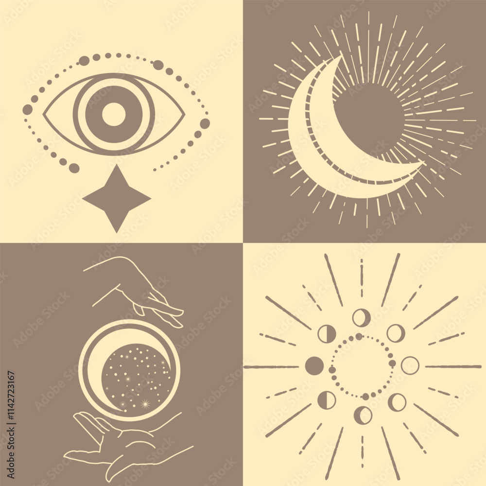 Fototapeta premium Astrological, esoteric symbols. Sun, stars, planets, moon, crescent