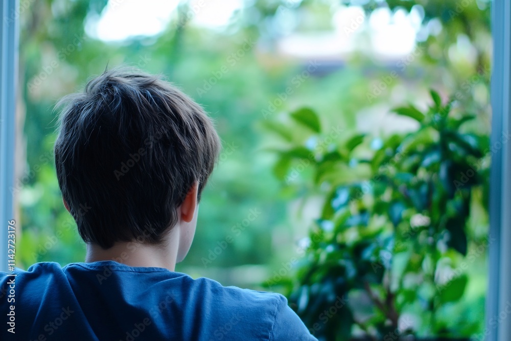 A boy gazes out a window, surrounded by greenery and plants. A boy gazes out a window, surrounded by greenery and plants.