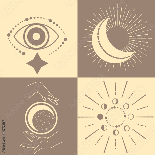 Astrological, esoteric symbols. Sun, stars, planets, moon, crescent