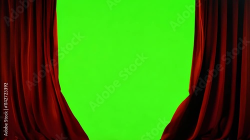 Luxurious red velvet silk curtains slowly opening to reveal a bright chroma key green screen. digitally, draw, elegance, premiere, transition, entertainment, event, falling, festive, film, gathering