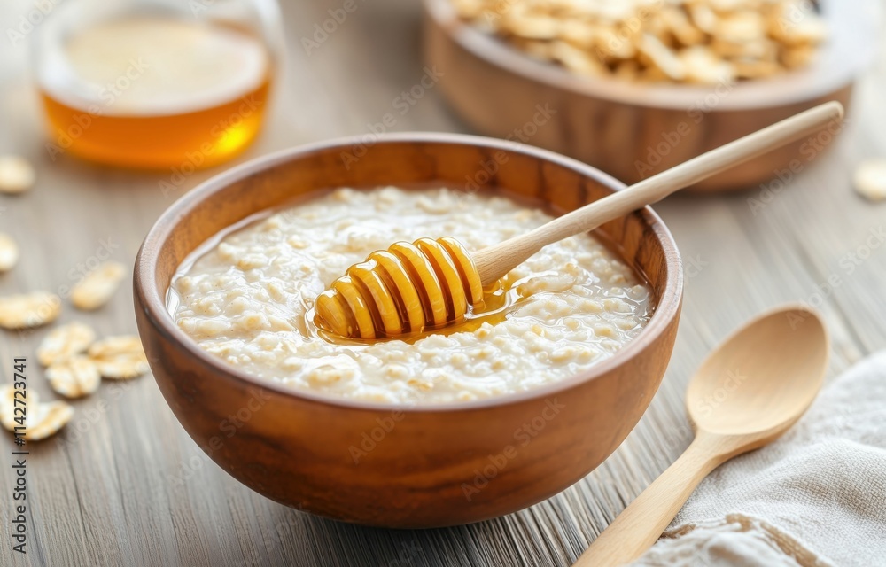 Fototapeta premium Warm bowl of oatmeal with drizzled honey and a honeycomb spoon on rustic wooden table