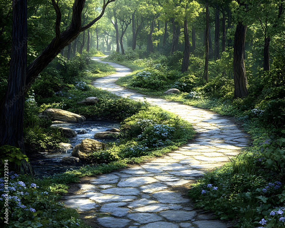 Obraz premium Winding Stone Path Forest Trail, Sunlit Creek, Lush Greenery, Nature Background, Game Design.