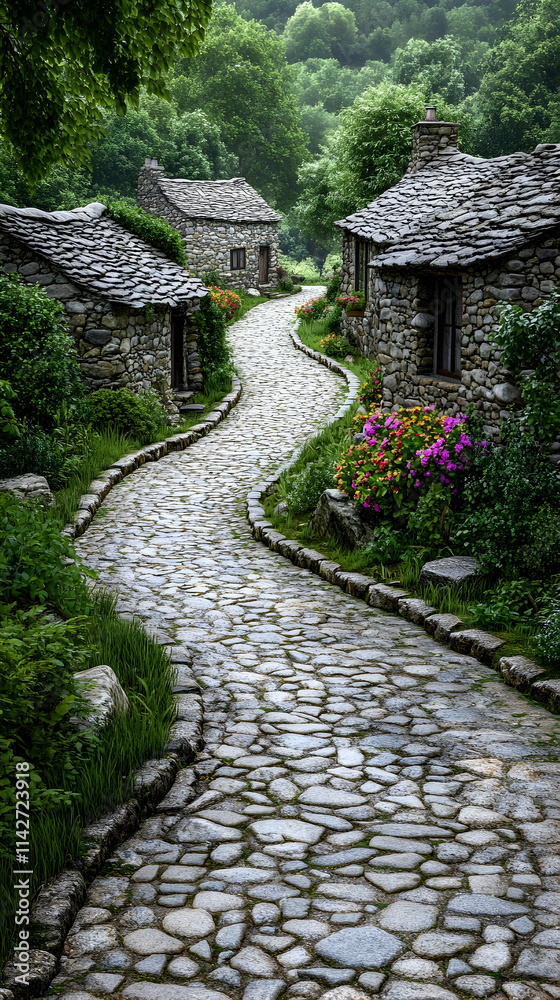 Winding Stone Road, Picturesque Village, Lush Greenery, Travel Poster. Winding Stone Road, Picturesque Village, Lush Greenery, Travel Poster.