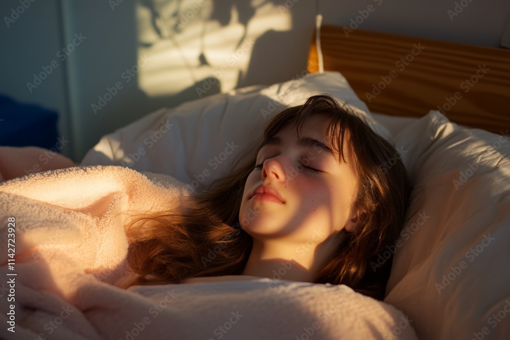 A serene moment of a young woman resting peacefully in bed. A serene moment of a young woman resting peacefully in bed.