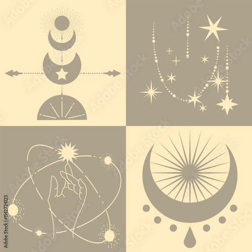 Astrological, esoteric symbols. Sun, stars, planets, moon, crescent