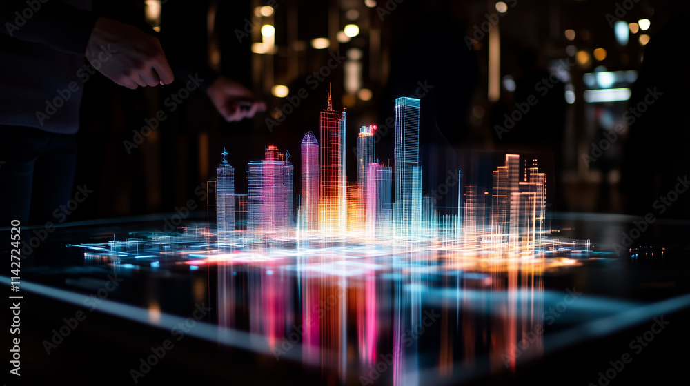 Fototapeta premium Bright lights illuminate a futuristic cityscape displayed on a touch-sensitive surface inside a modern building