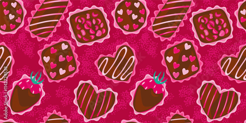 Festive abstract seamless pattern with chocolate candies. Hand drawn sweets decorated with hearts, dried raspberries, glazed strawberries