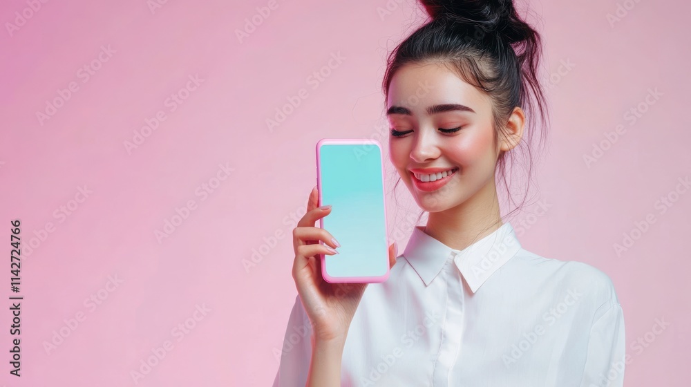 A smiling young woman holds a smartphone against a soft pink background, showcasing technology. A smiling young woman holds a smartphone against a soft pink background, showcasing technology.