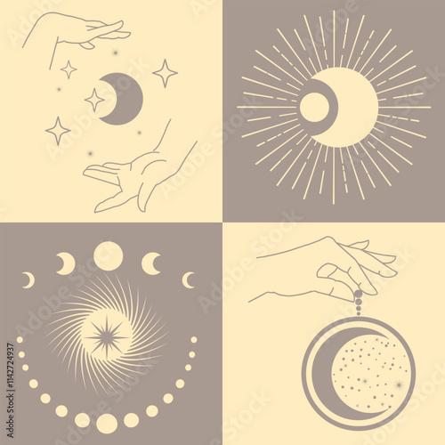 Astrological, esoteric symbols. Sun, stars, planets, moon, crescent