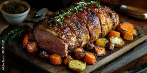 Succulent roasted pork shoulder pernil, beautifully plated with crispy skin and aromatic herbs photo