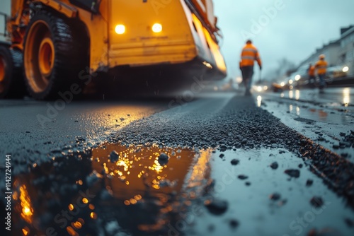 Close-up view of a road paving machine laying fresh asphalt on a wet city street at night, with construction workers in the background and reflections of lights in puddles of water photo