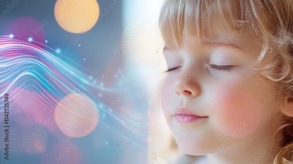 Serenity and imagination: peaceful child with abstract light waves for dreamy design Serenity and imagination: peaceful child with abstract light waves for dreamy design