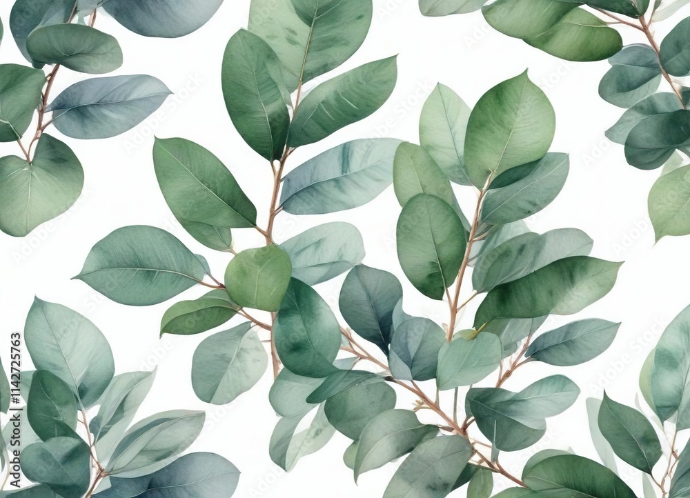 Watercolor eucalyptus leaves on white background, nature, botanical, green, elegant Watercolor eucalyptus leaves on white background, nature, botanical, green, elegant