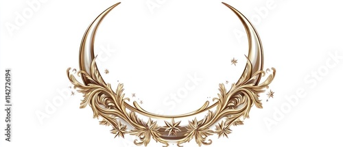 Ornate golden crescent moon frame with floral details and stars.