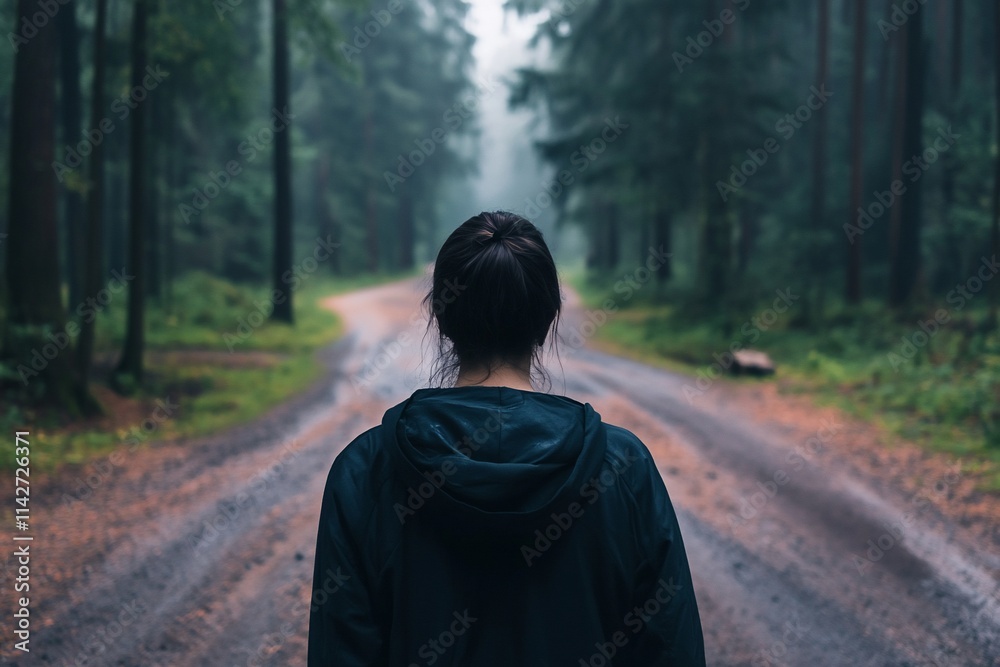 A person stands at a forest crossroads, surrounded by misty trees. A person stands at a forest crossroads, surrounded by misty trees.