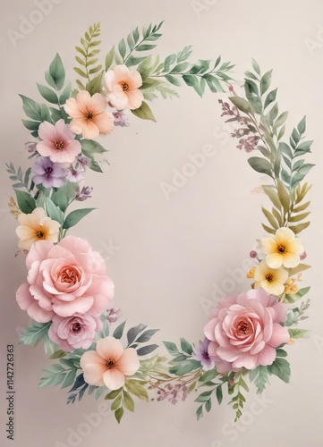 Watercolor wreath border with pastel flowers and leaves, floral, flowers, pastel, wreath, leaves