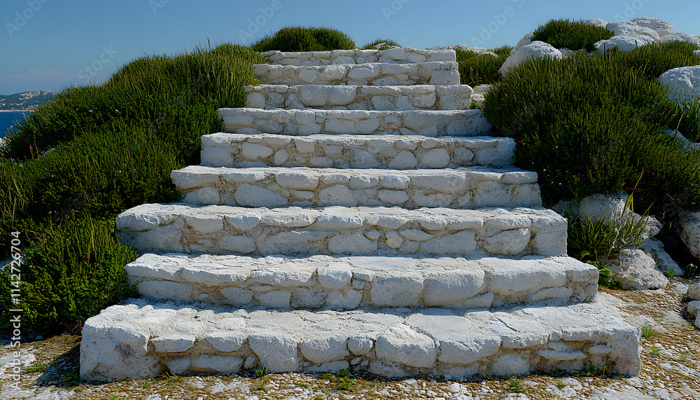 Coastal Stone Steps, Mediterranean Island, Sea View, Summer, Travel. Coastal Stone Steps, Mediterranean Island, Sea View, Summer, Travel.