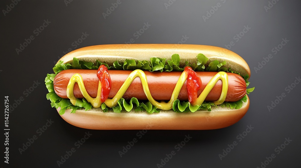 A classic hot dog garnished with lettuce, ketchup, and mustard on a dark background. A classic hot dog garnished with lettuce, ketchup, and mustard on a dark background.