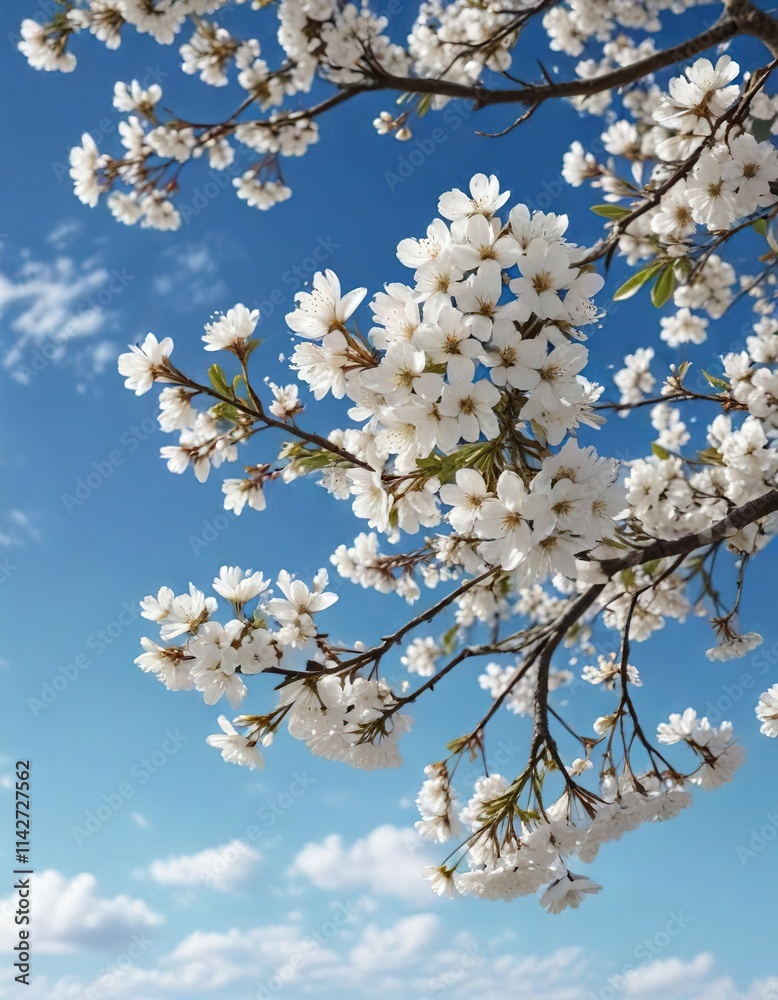 White cherry blossoms adorning tree against blue sky backdrop, floral extravaganza, botany appreciation, blooming tree White cherry blossoms adorning tree against blue sky backdrop, floral extravaganza, botany appreciation, blooming tree