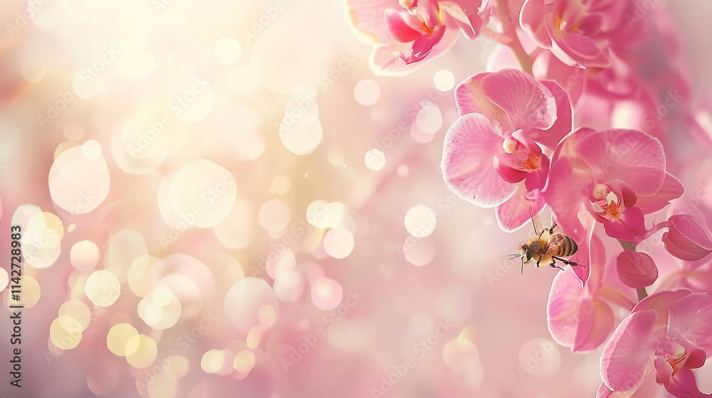 A bee collecting pollen from a vibrant orchid flower in a lush garden setting. Capturing the beauty of nature and the essential role of pollinators in the ecosystem, surrounded by natural greenery. A bee collecting pollen from a vibrant orchid flower in a lush garden setting. Capturing the beauty of nature and the essential role of pollinators in the ecosystem, surrounded by natural greenery.