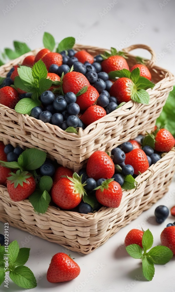 Wicker basket filled with ripe strawberries and blueberries, garnished with fresh mint leaves on a clean white background, harvest, organic Wicker basket filled with ripe strawberries and blueberries, garnished with fresh mint leaves on a clean white background, harvest, organic